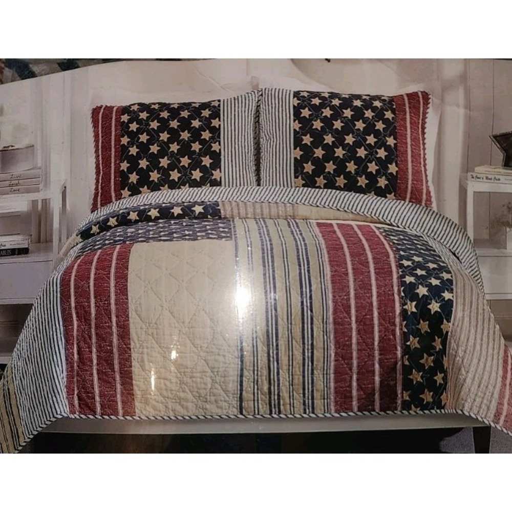 Americana Cotton Quilt Set Stars Stripes Modern Heirloom USA Cottagecore 3 Pc Se